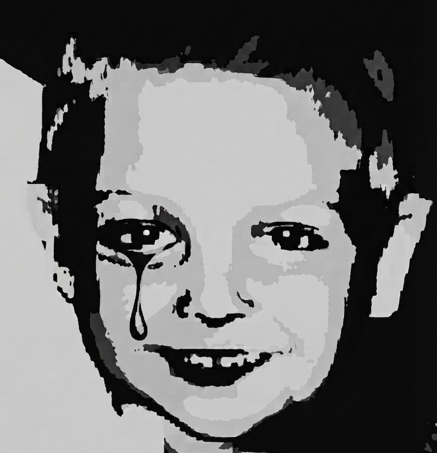 Black-and-white portrait with a painted tear